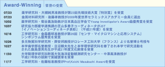 Award-Winning栄誉の受賞
07/23薬学研究科・大槻純男准教授が第23回先端技術大賞「特別賞」を受賞
07/23金属材料研究所・後藤孝教授が2009年度世界セラミックスアカデミー会員に選出
10/02薬学研究科・菊谷昌浩助教が日本高血圧学会でYoung Investigator's Award最優秀賞を受賞
10/07研究協力部産学連携課の芝山多香子コーディネータがJST「イノベーションコーディネータ表彰」（平成21年度）を受賞
10/16工学研究科・金森義明准教授が第26回「センサ・マイクロマシンと応用システム」シンポジウム優秀賞を受賞
10/26多元物質科学研究所・葬安邦教授がロレーヌ工科大学（フランス）より名誉博士号授与
10/27本学歯学部名誉教授・日沼頼夫先生と本学理学研究科を修了され本学で研究活動をされた飯島澄男先生が平成21年度文化勲章を受賞
11/03大学院理学研究科附属大気海洋変動観測研究センター・中澤高清教授が平成21年秋の叙勲で紫緩褒章を受章
11/17工学研究科・佐藤裕准教授がProf,Koichi Masubuchi Awardを受賞
